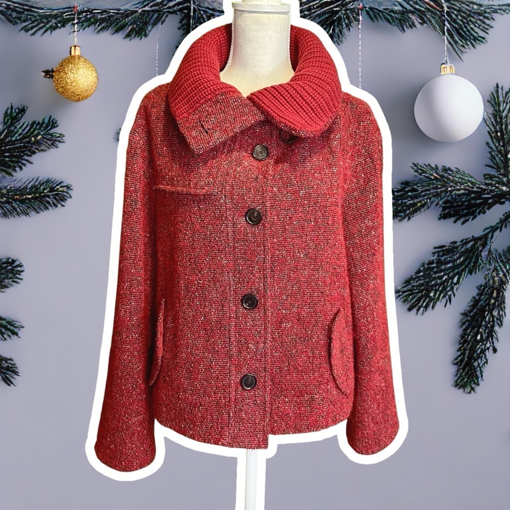 Akris Punto RARE Red Wool & Mohair-Blend Button-Up Coat with Cashmere Knit Trim